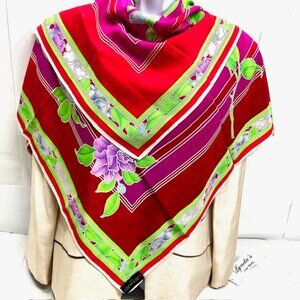 Unused Leonard Paris 100% Silk Scarf Vibrant Pink Green Floral Italy Made33"(33